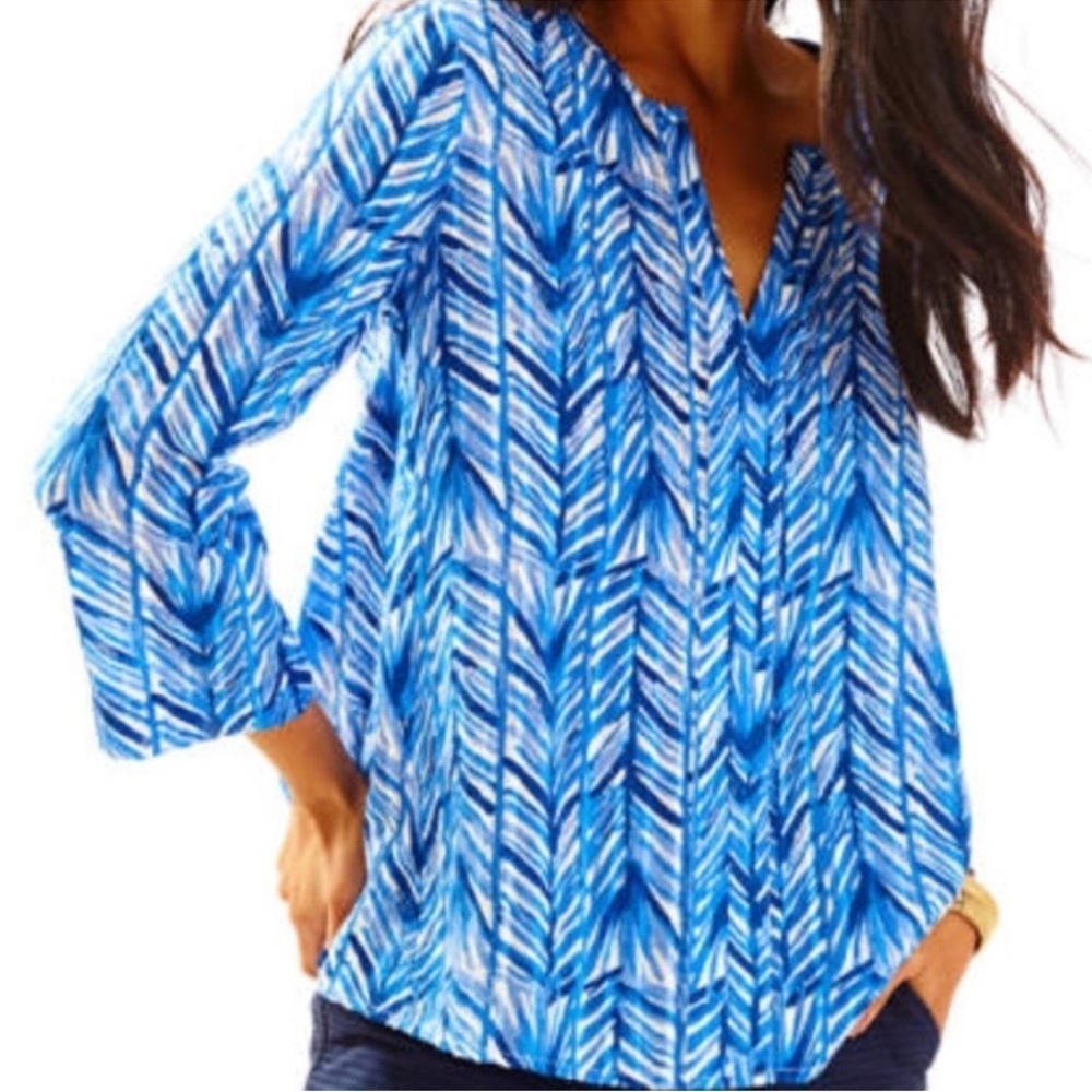 Lilly Pulitzer Nalani Tunic Costa Verde Printed Lapis Blue Blouse Top Size M